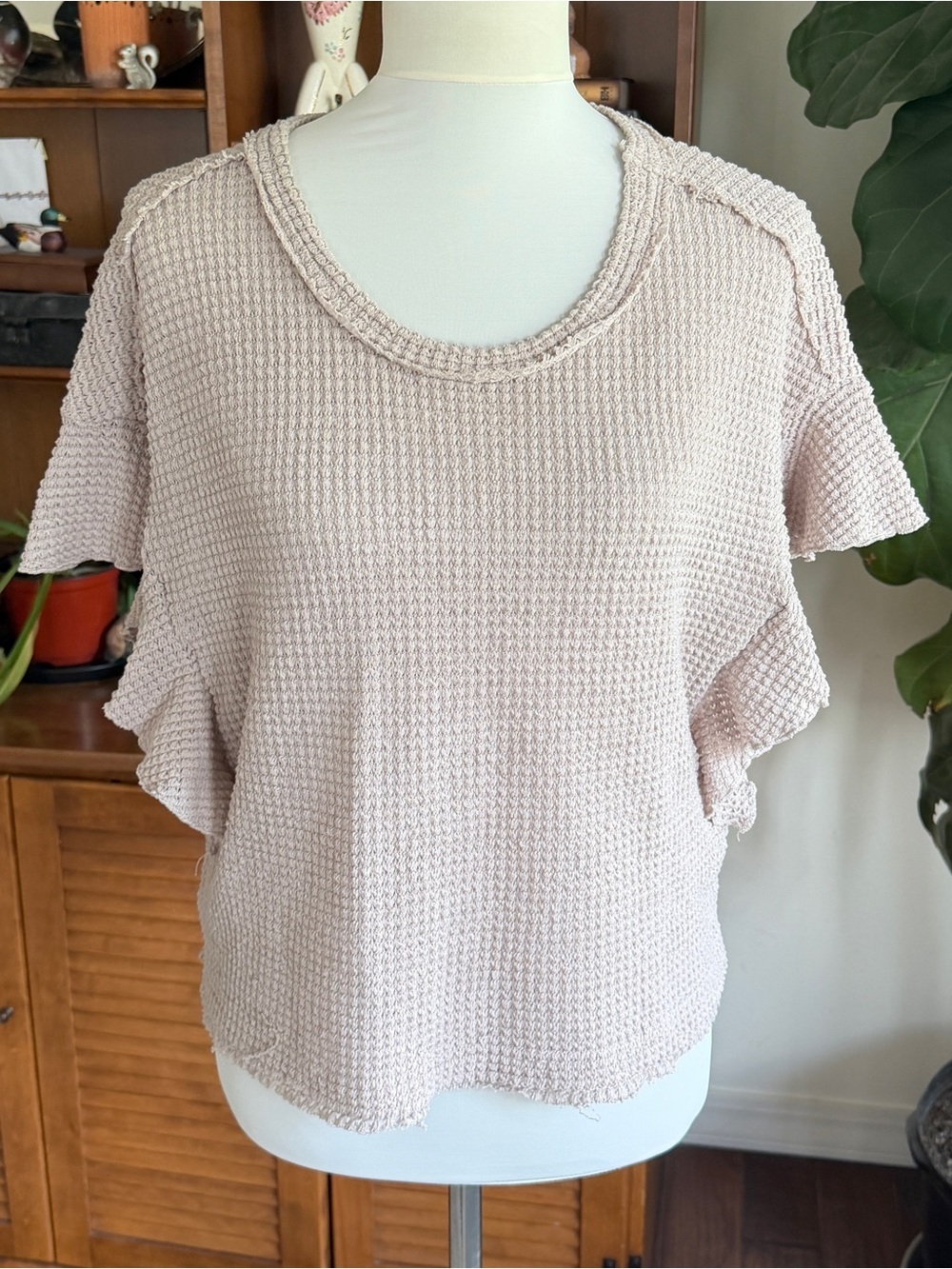 Altar’d State Relaxed Waffle Knit Short Sleeve Flutter Top Shirt - Soft Lilac L